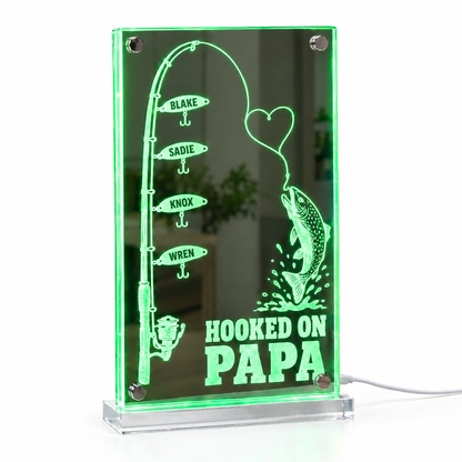 Fishing rod LED mirror light HOOKED ON PAPA with four name lures lit green