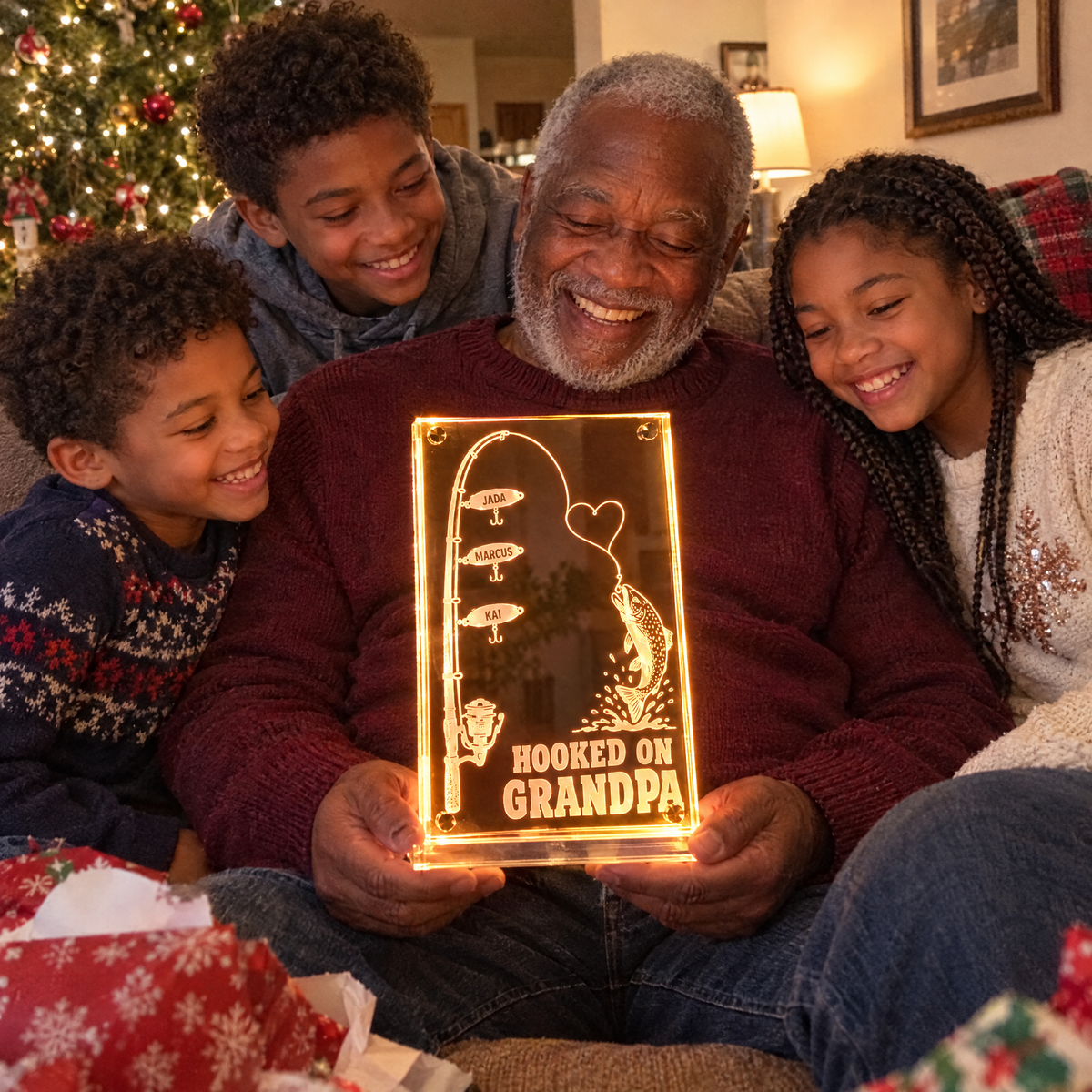 Grandkids gather around grandpa holding lit HOOKED ON GRANDPA mirror at Christmas