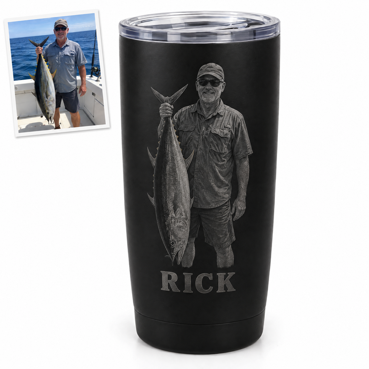 Black tumbler engraved with angler holding tuna and name RICK