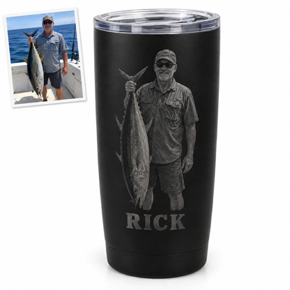 Black tumbler engraved with angler holding tuna and name RICK