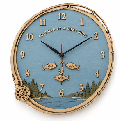 Layered wooden fishing wall clock BEST DAD BY A LONG SHOT with three name fish