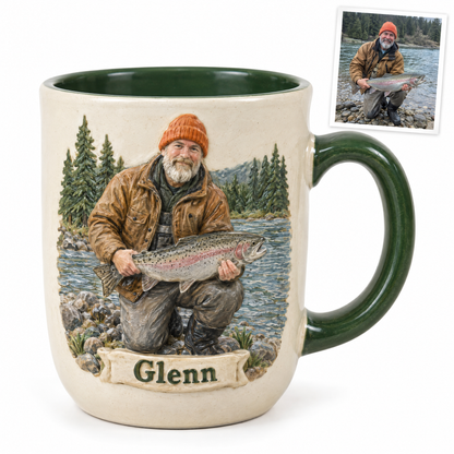 Stoneware relief mug of angler with steelhead and name Glenn
