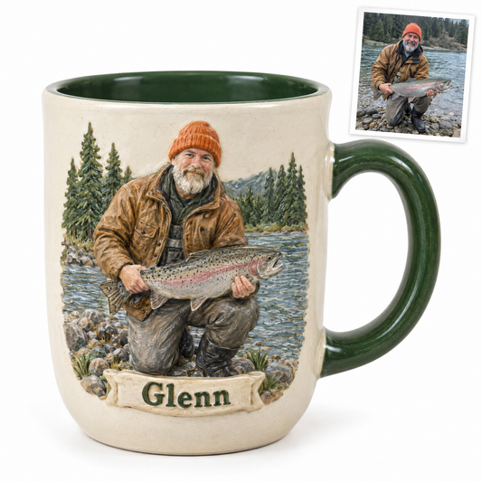 Stoneware relief mug of angler with steelhead and name Glenn