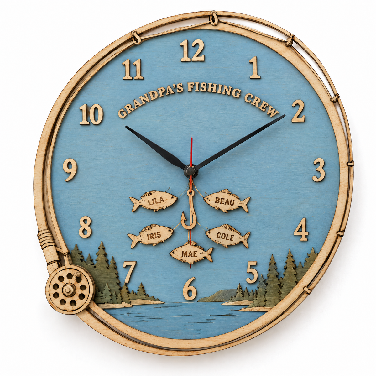 Wooden fishing clock GRANDPA'S FISHING CREW with five name fish