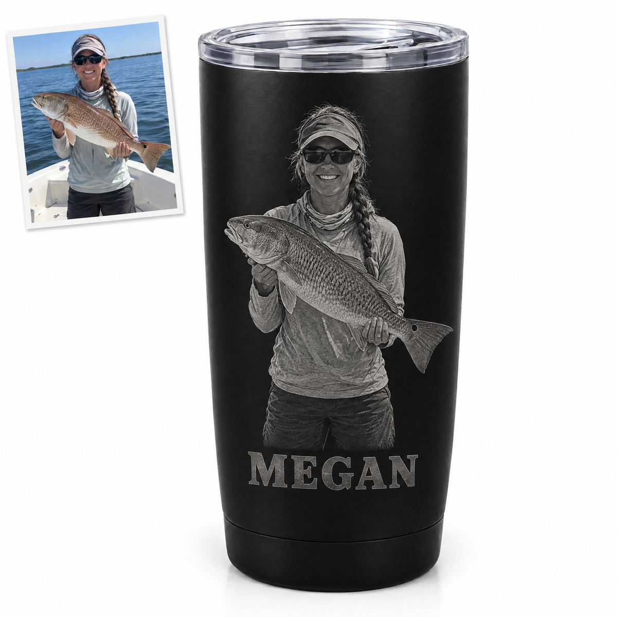 Engraved tumbler of woman angler with redfish, MEGAN