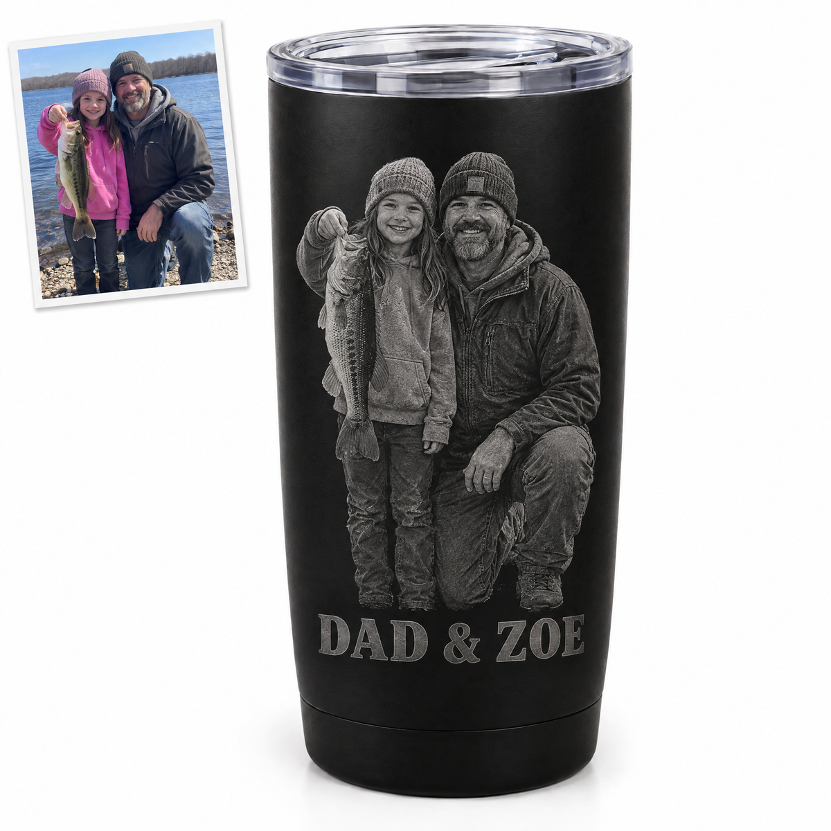 Engraved tumbler of dad and daughter with bass, DAD & ZOE
