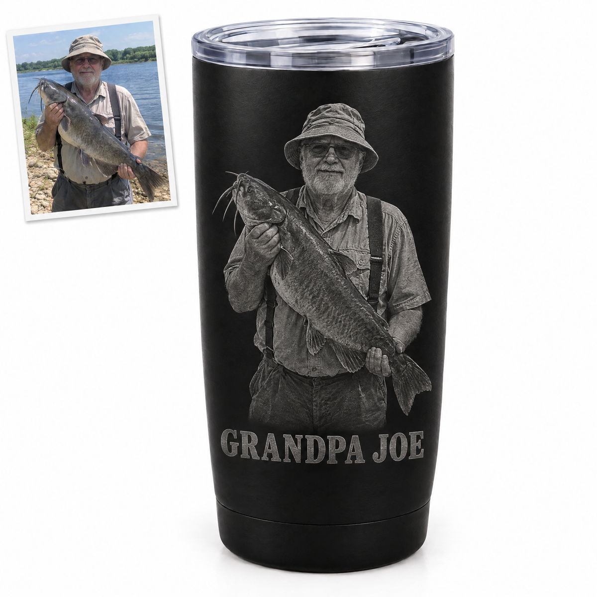 Engraved tumbler of grandpa with catfish, GRANDPA JOE