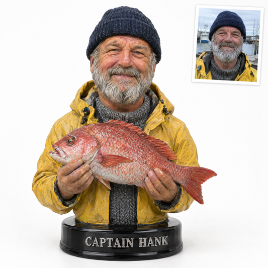 Fisherman face photo bust figurine with red snapper, name CAPTAIN HANK