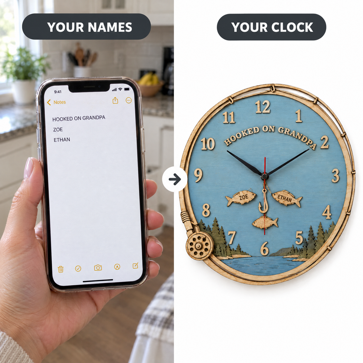 Typed inscription and names on phone beside finished fishing clock