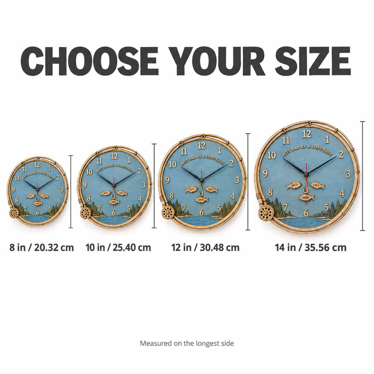 Fishing wall clock size chart 8 10 12 14 inches