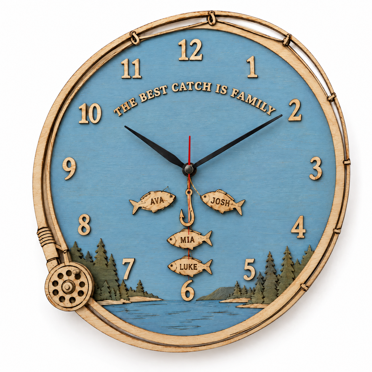 Wooden fishing clock THE BEST CATCH IS FAMILY with four name fish