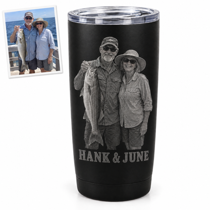 Engraved tumbler of couple with striped bass, HANK & JUNE