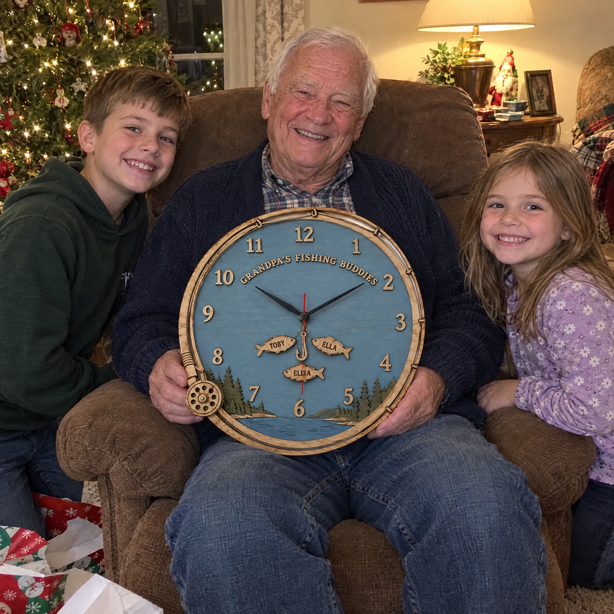 Grandpa with grandkids holding fishing clock at Christmas