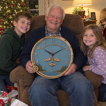 Grandpa with grandkids holding fishing clock at Christmas