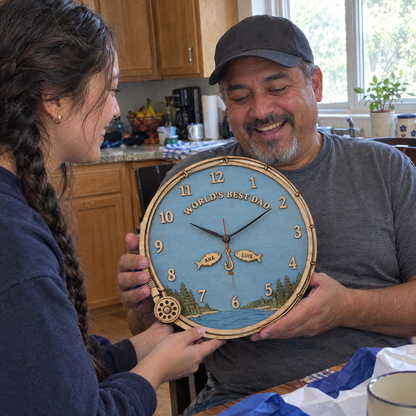 Daughter gives dad a WORLD'S BEST DAD fishing clock on Father's Day