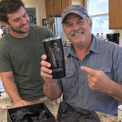 Dad shows off engraved fishing tumbler from son on Father's Day