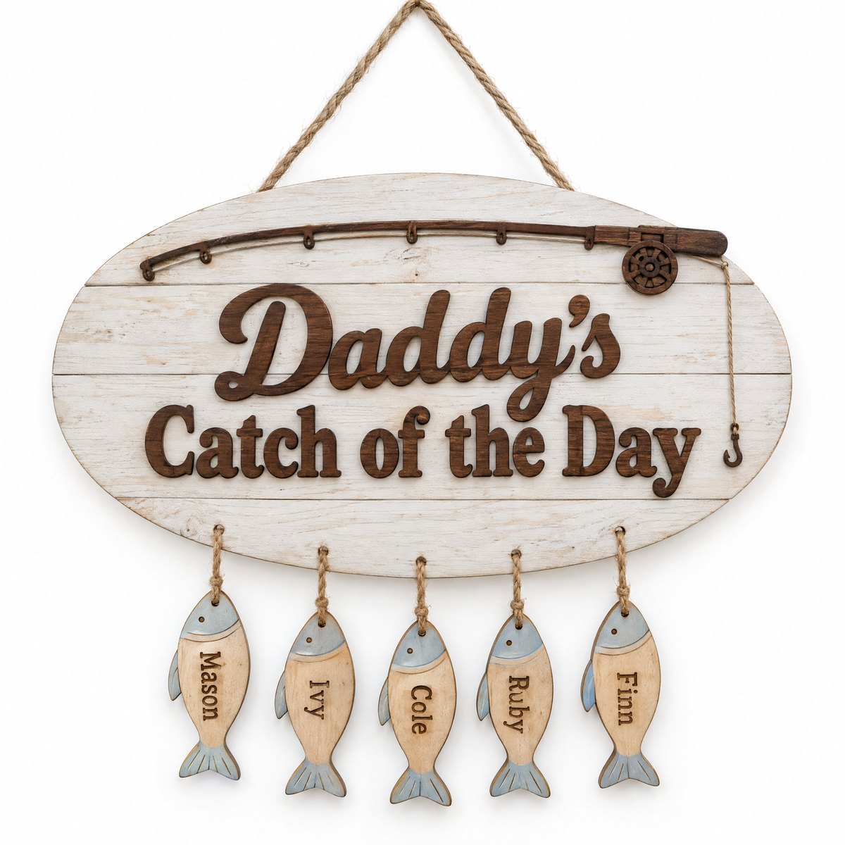 Hanging wooden family fishing sign Daddy's Catch of the Day with five kids' name fish