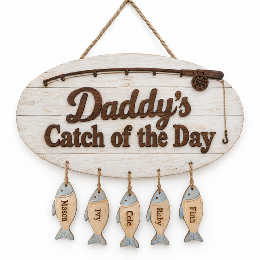 Hanging wooden family fishing sign Daddy's Catch of the Day with five kids' name fish