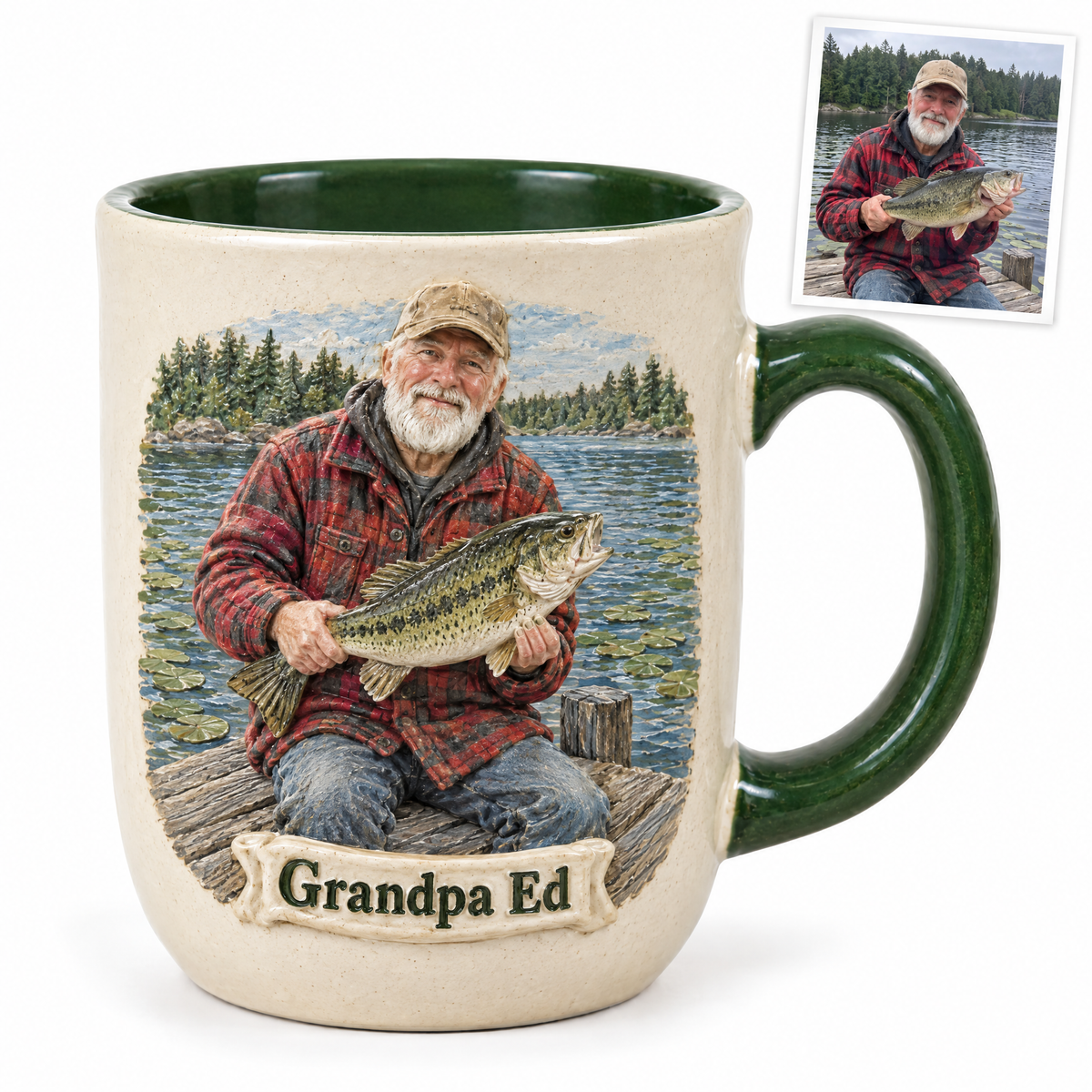 Relief mug of grandpa with bass on dock, Grandpa Ed