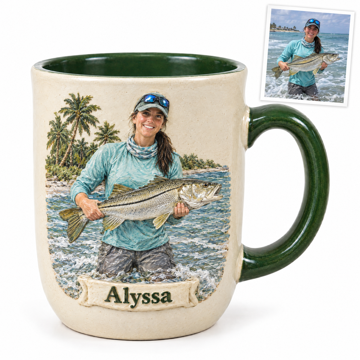 Relief mug of woman angler with snook in surf, Alyssa