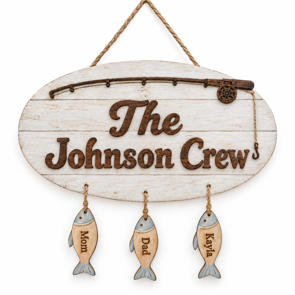 Wooden fishing sign The Johnson Crew with three family name fish