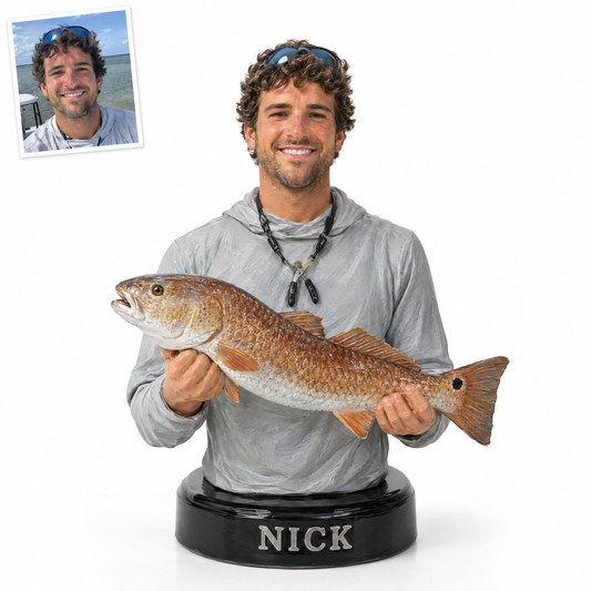 Fishing enthusiast bust figurine with redfish, name NICK
