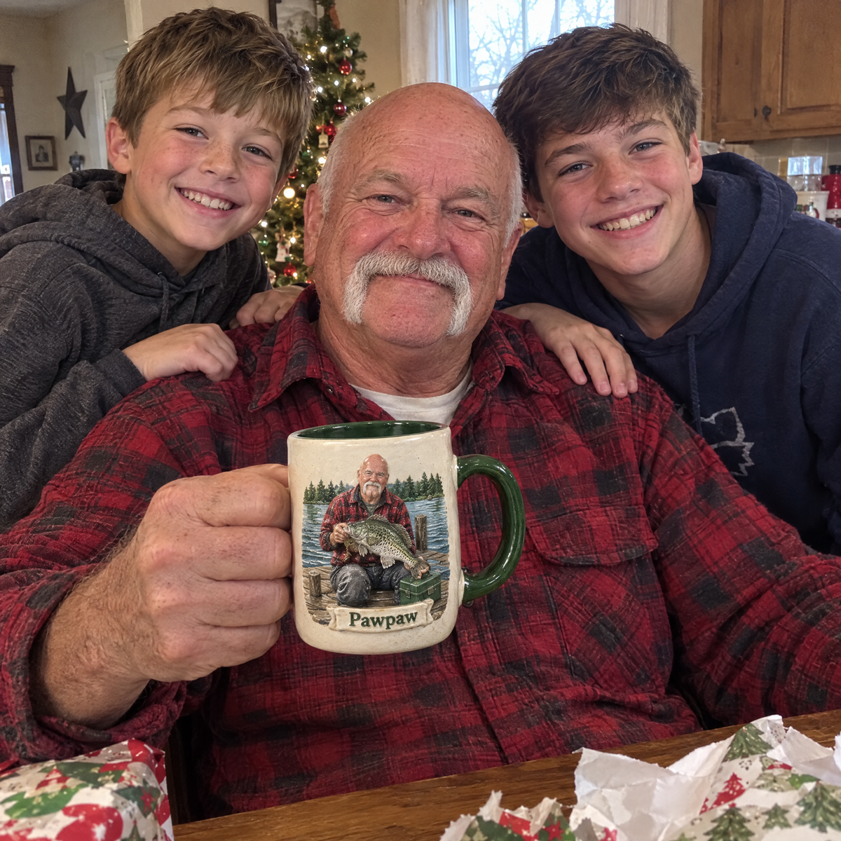 Grandpa with Pawpaw fishing mug and grandsons at Christmas