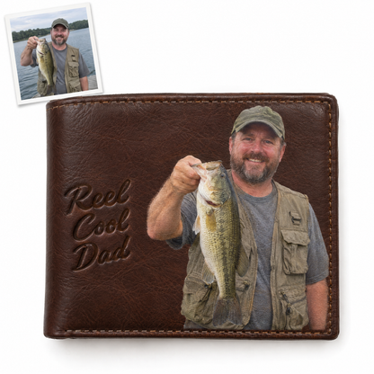 Dark brown leather wallet with printed angler photo and Reel Cool Dad inscription