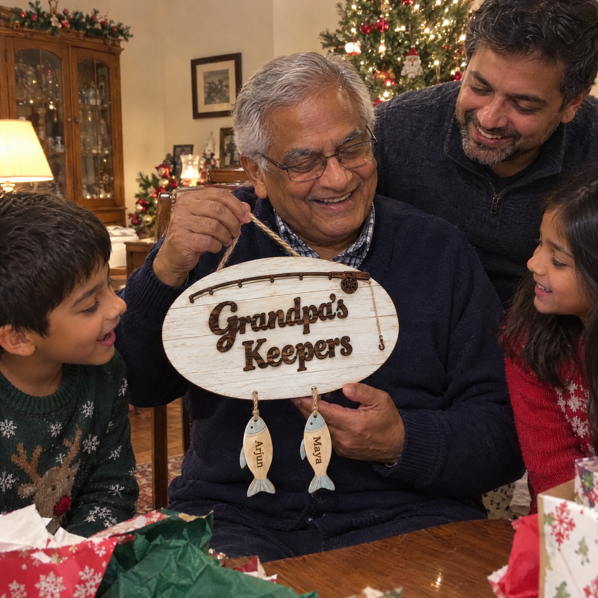 Grandpa holds Grandpa's Keepers fishing sign with family at Christmas