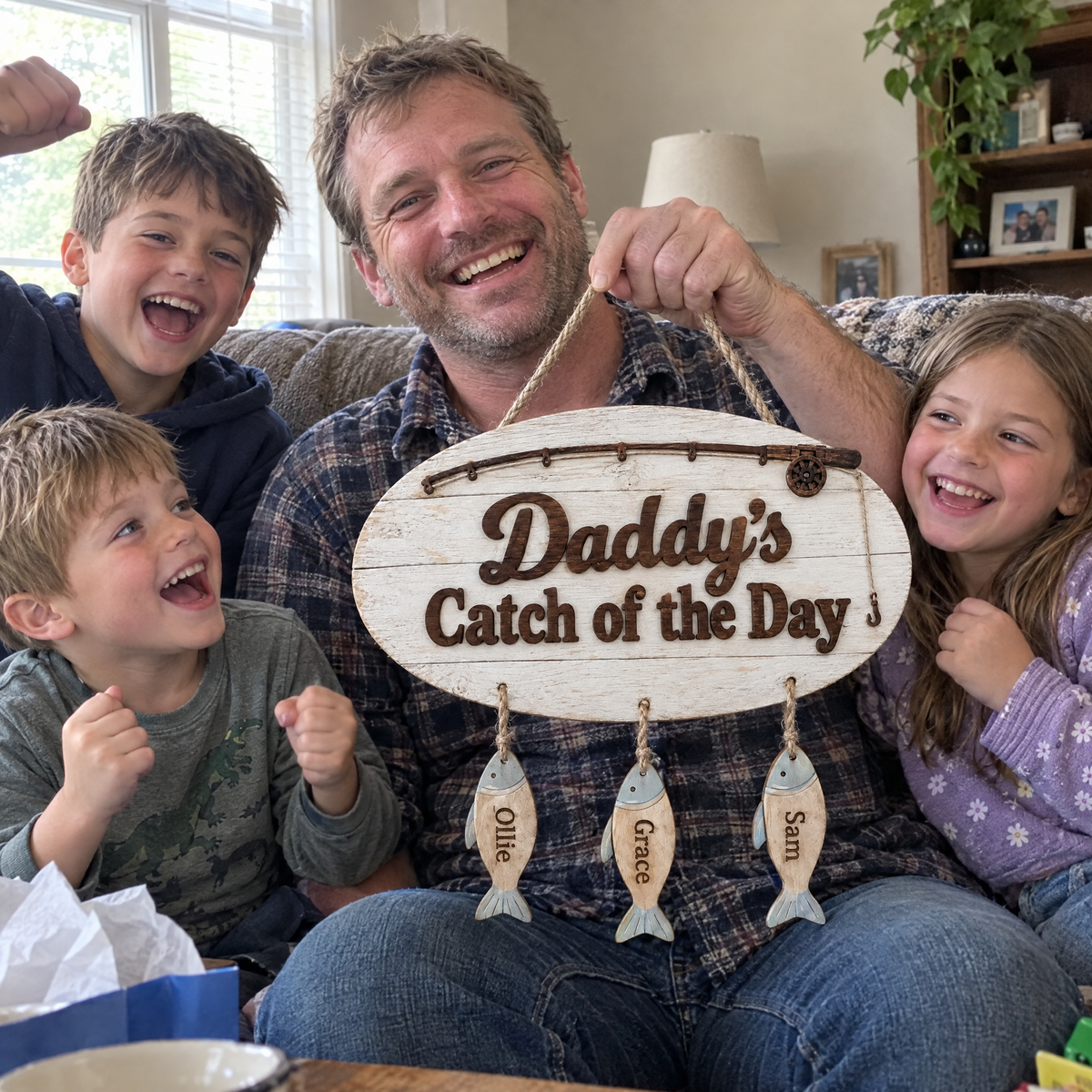 Kids cheer as dad holds up Daddy's Catch of the Day sign on Father's Day