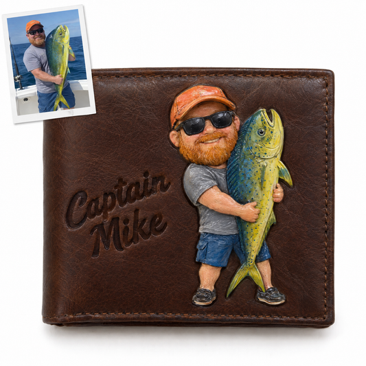 Leather wallet with hand-painted chibi angler hugging mahi-mahi, Captain Mike