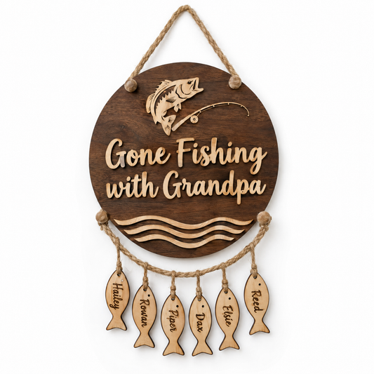 Round walnut fishing sign Gone Fishing with Grandpa with six hanging name fish