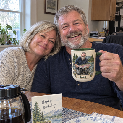 Husband holds his fishing photo mug from wife on his birthday