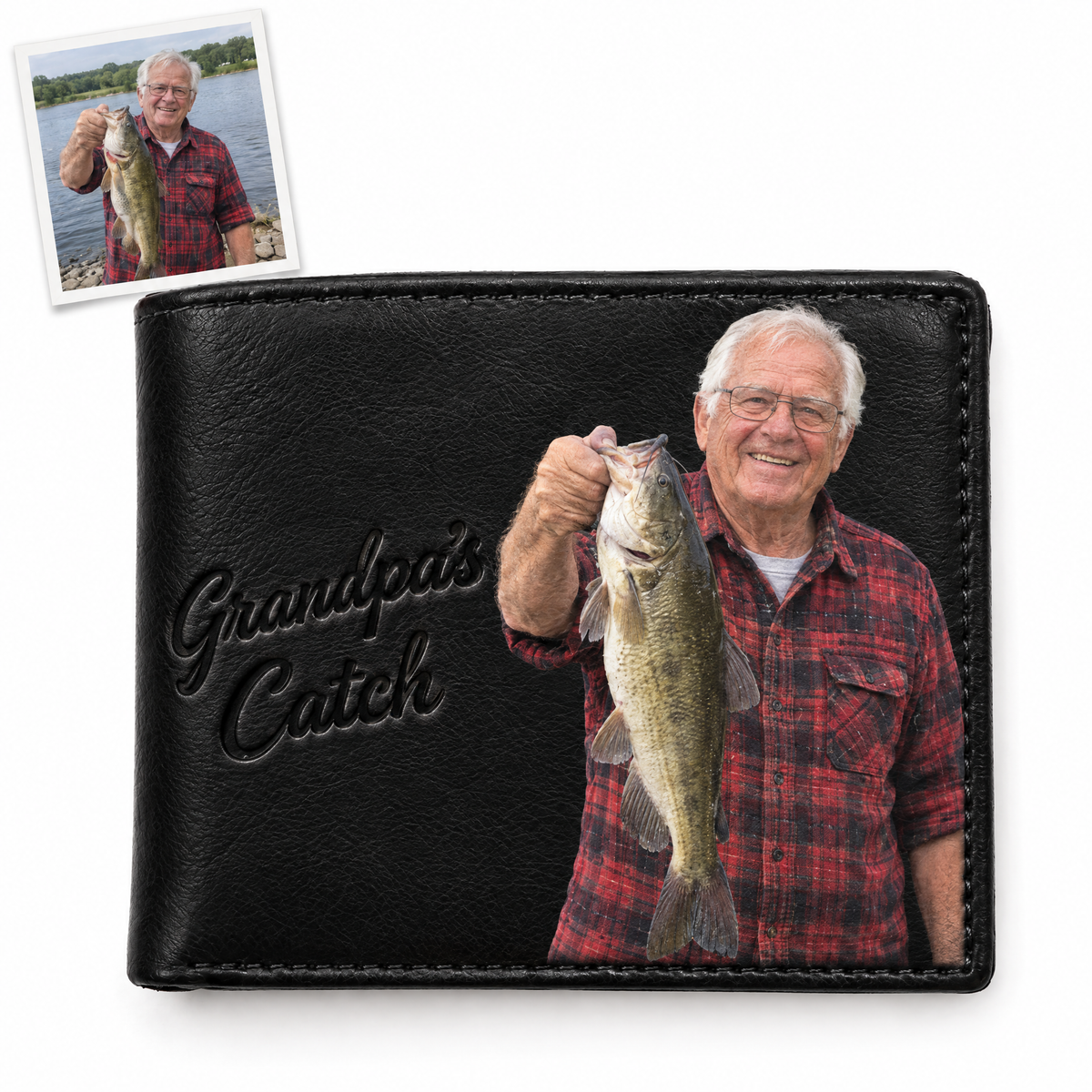 Black photo wallet of grandpa with bass, Grandpa's Catch