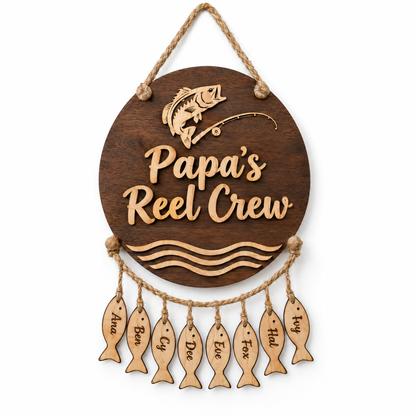 Hanging fish sign Papa's Reel Crew with many grandkids' name fish