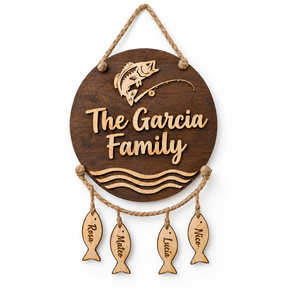Hanging fish sign The Garcia Family with four name fish