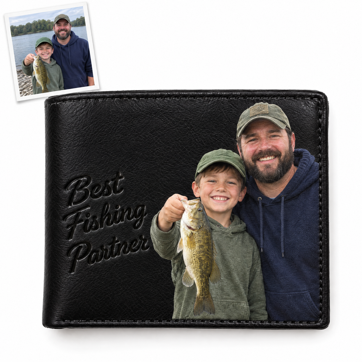 Black photo wallet of dad and son with bass, Best Fishing Partner