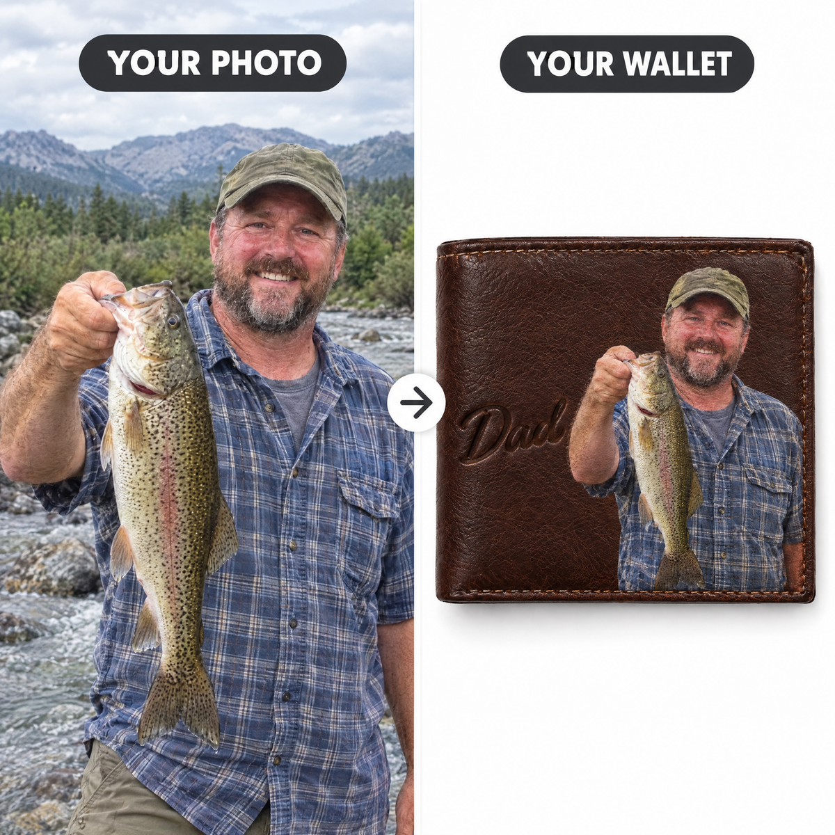 Trout fishing photo printed on leather wallet with Dad inscription