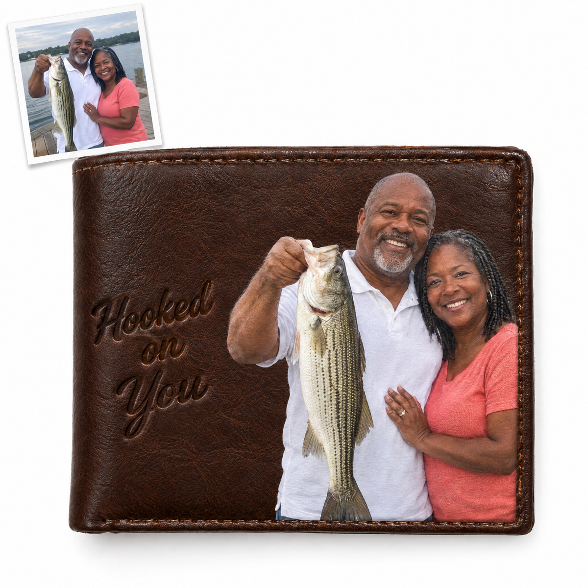 Brown photo wallet of couple with striped bass, Hooked on You