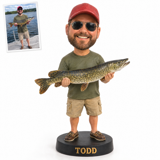 Cartoon-style 3D fishing figurine holding pike, name TODD