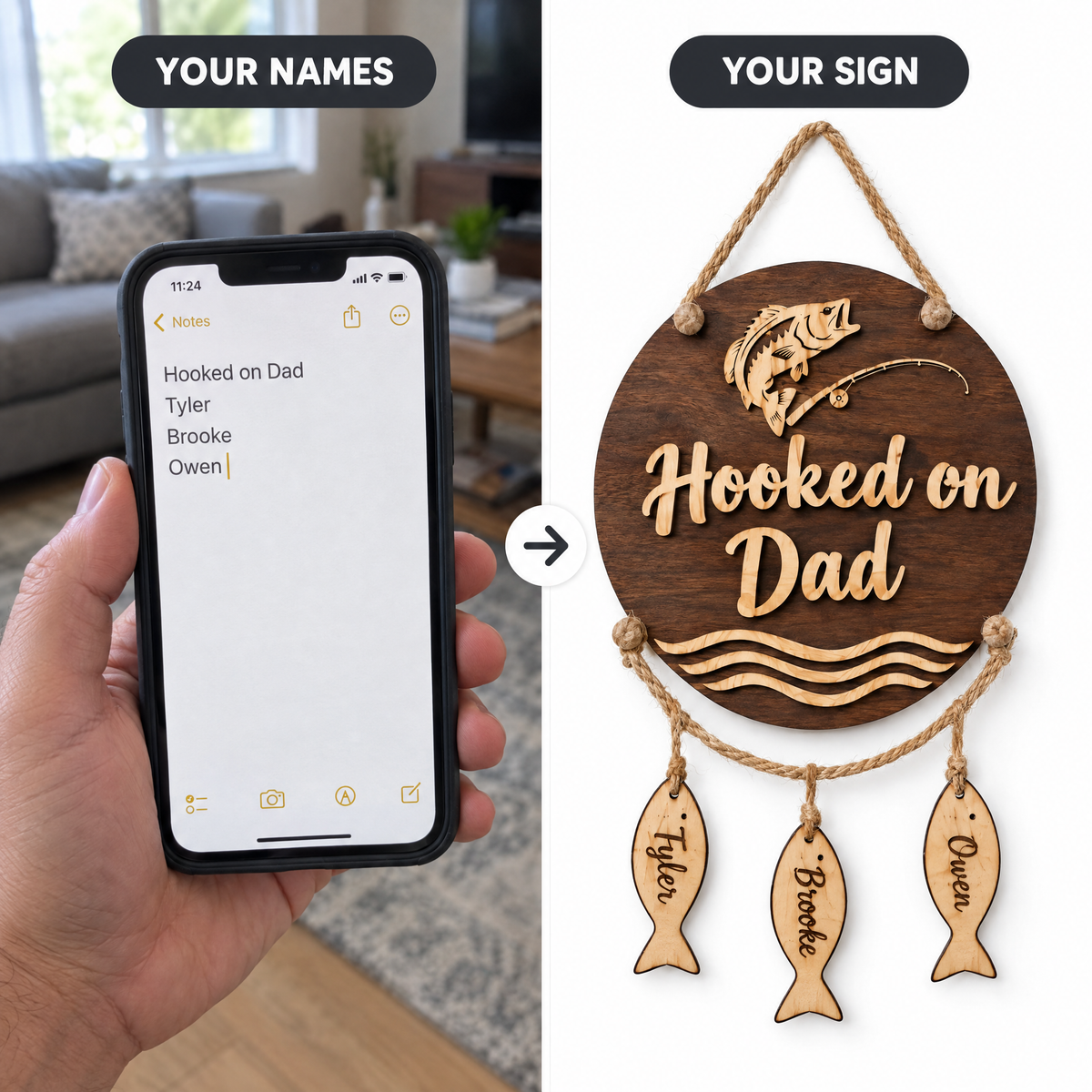 Typed title and names on phone beside finished hanging fish sign