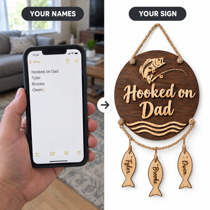 Typed title and names on phone beside finished hanging fish sign