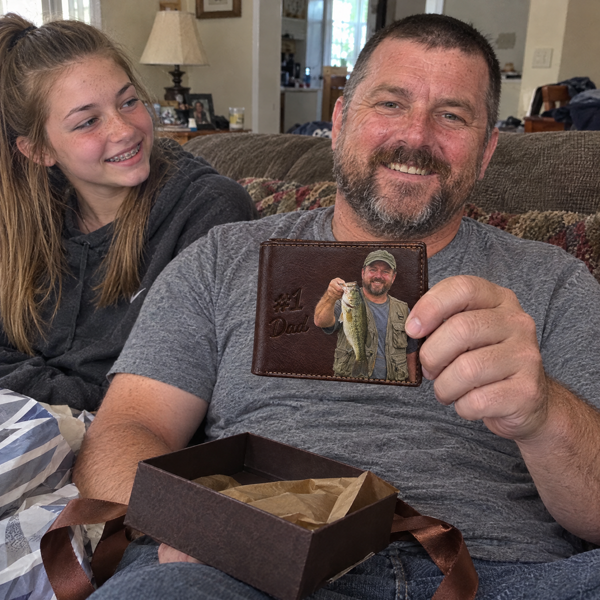 Dad opens personalized fishing photo wallet on Father's Day