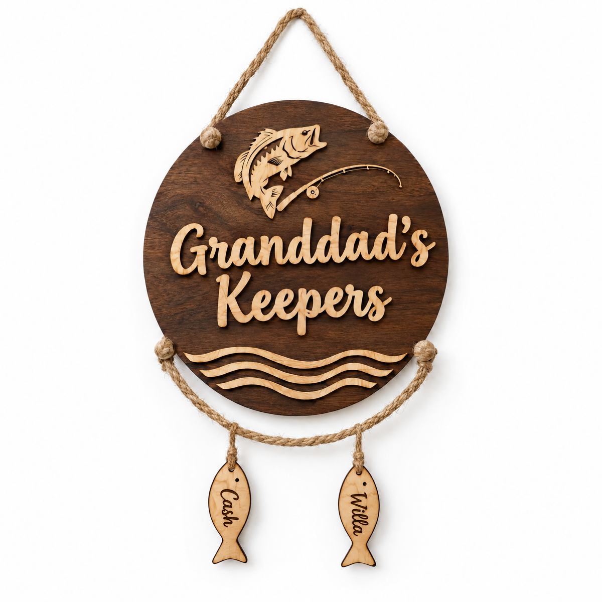 Hanging fish sign Granddad's Keepers with two name fish