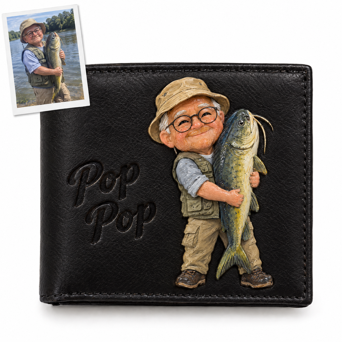 Black chibi wallet of grandpa with catfish, Pop Pop