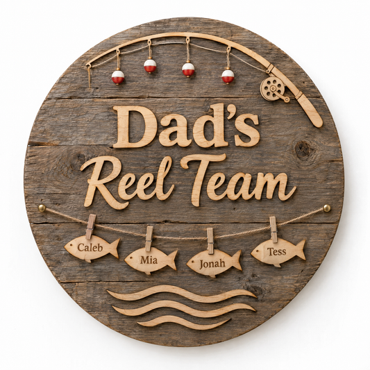 Round barnwood fishing sign Dad's Reel Team with kids' name fish on a stringer