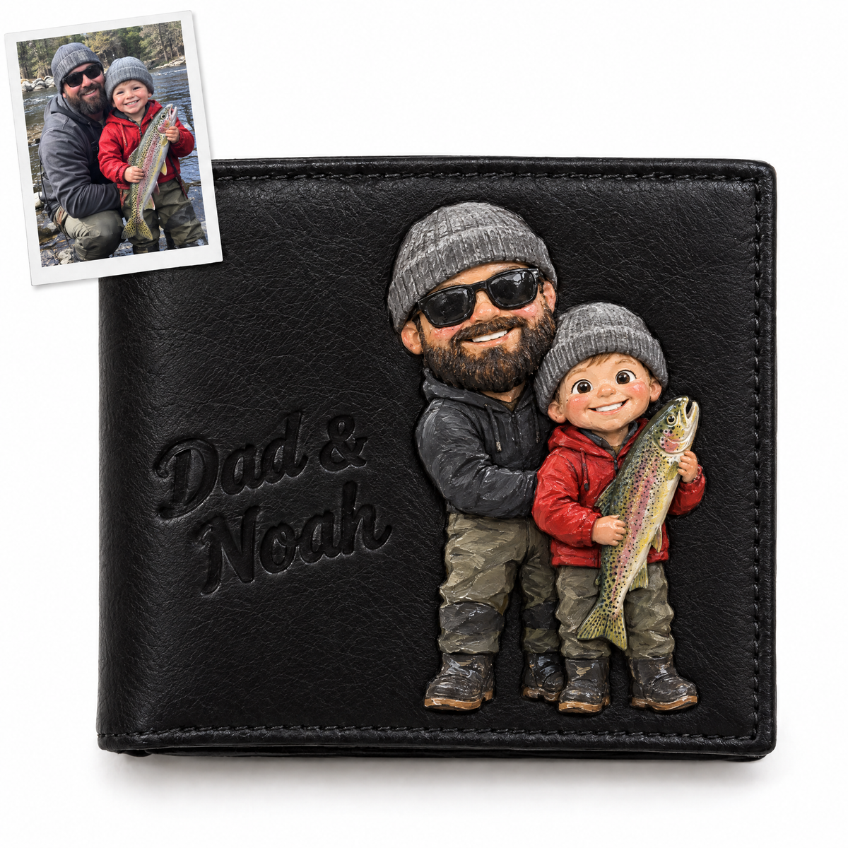 Black chibi wallet of dad and son with trout, Dad & Noah