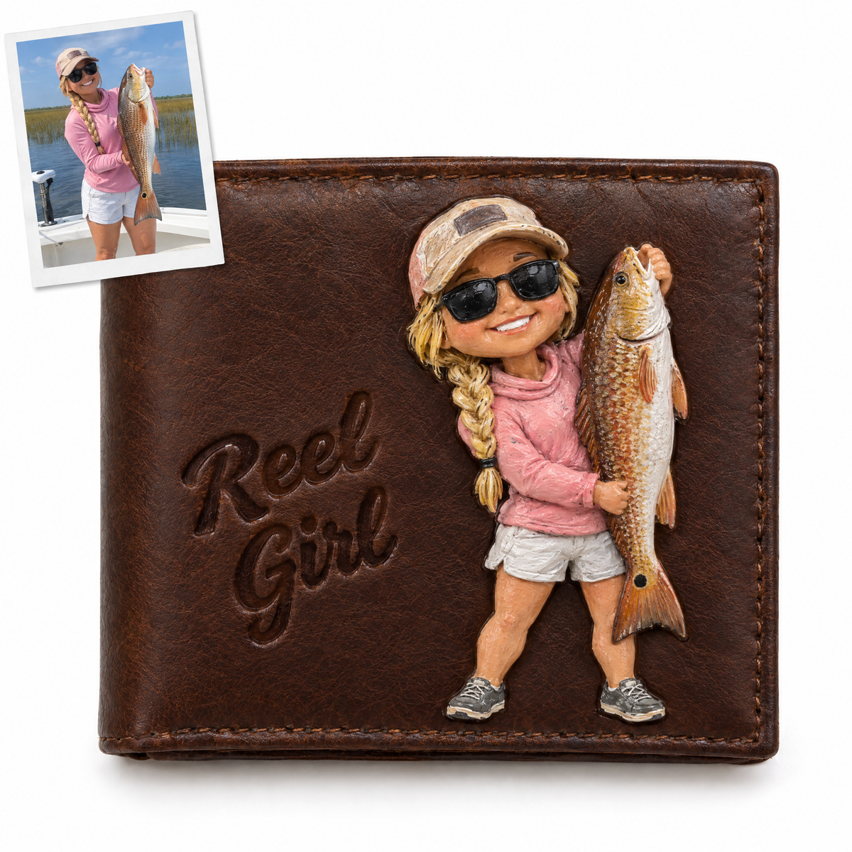 Brown chibi wallet of woman angler with redfish, Reel Girl