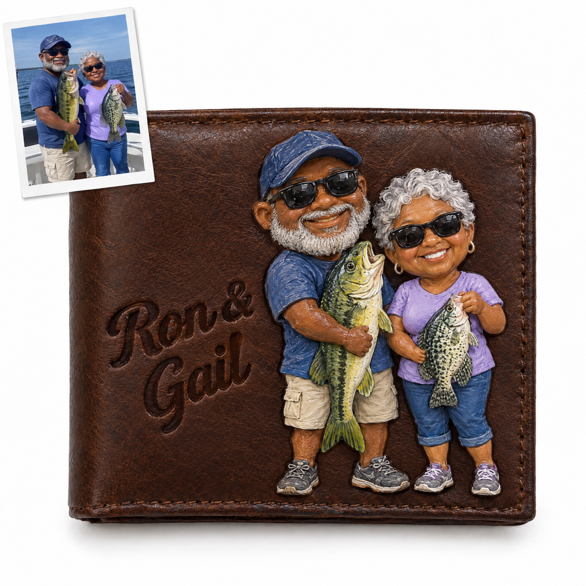 Brown chibi wallet of couple with bass and crappie, Ron & Gail