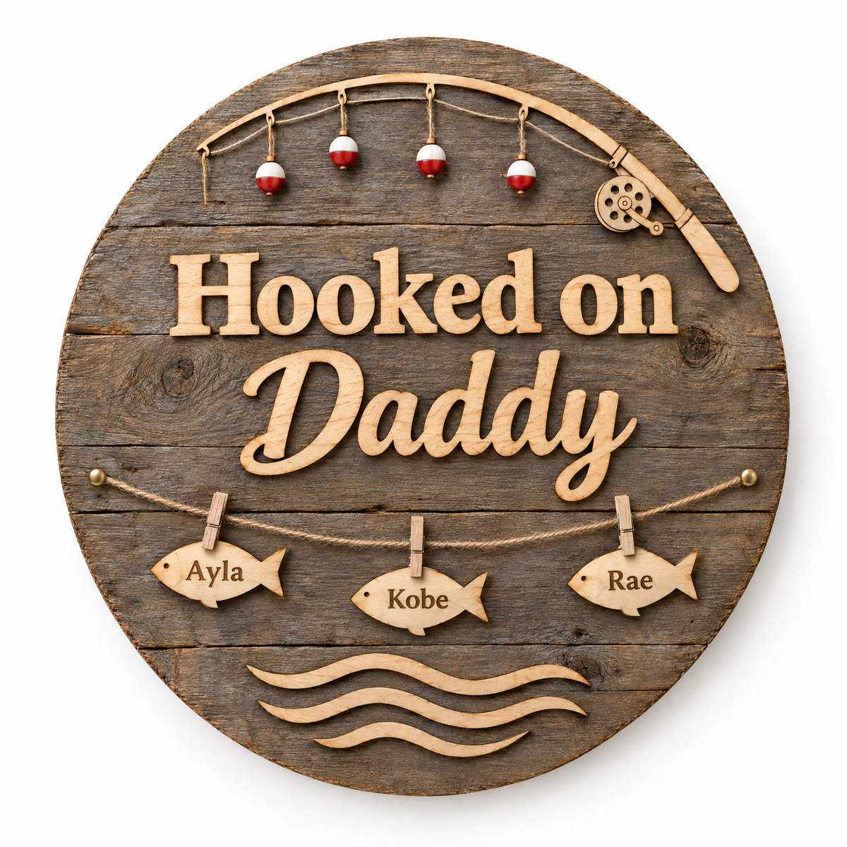 Barnwood fishing sign Hooked on Daddy with three name fish